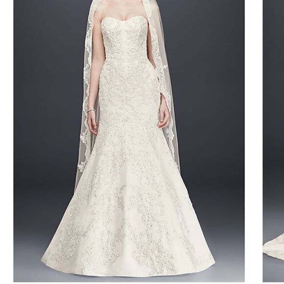 oleg cassini satin lace strapless trumpet beaded wedding‎ dress 6 - Picture 1 of 16